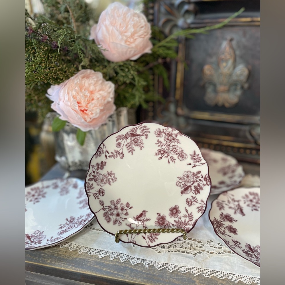 White maroon flowers & birds ceramic appetizer lunch plates set of 4